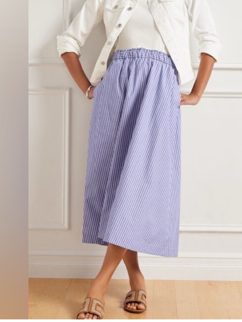 Talbots Lavender-Blue & White Striped Elastic-Waist Midi Skirt